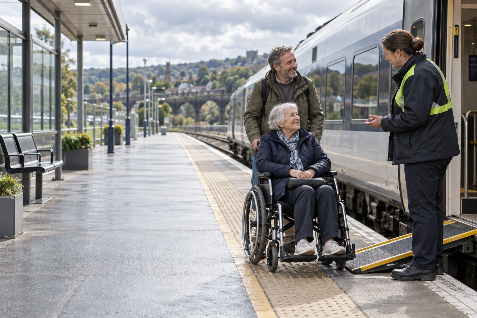 A wheelchair user and companion speaking with station assistance staff beside an unbranded train