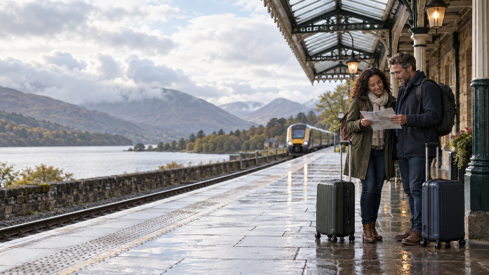 Two travellers reviewing a route at a wet British railway platform beside a lake